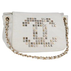 CHANEL COCO Mark Chain Shoulder Bag Leather White Gold CC Auth 128068V
